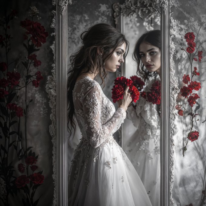 A gothic-style image of a woman in a white lace wedding dress holding red flowers, standing before an ornate mirror that reflects her face among dark red roses and vines.