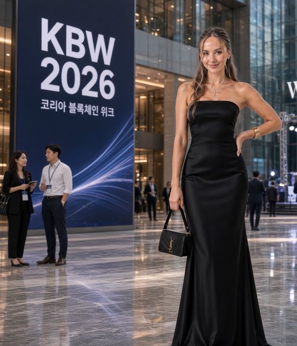 A woman in an elegant black strapless gown holding a YSL handbag stands in a modern venue, with a 'KBW 2026' banner (Korea Blockchain Week) visible in the background alongside other attendees.