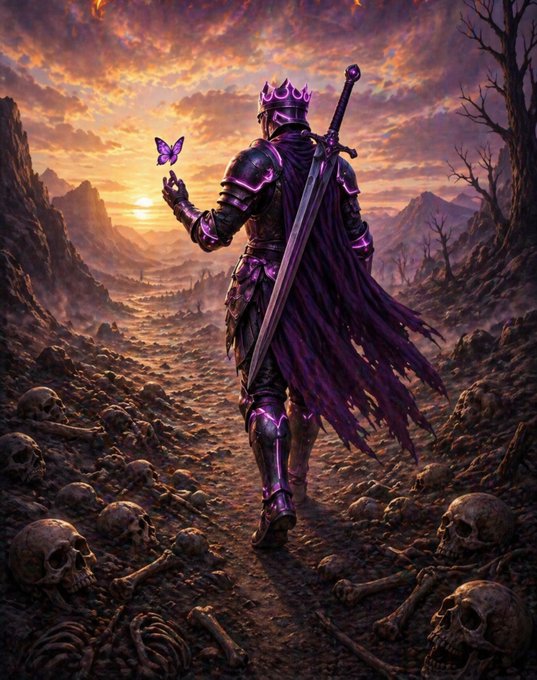 A lone armored king in dark purple and glowing armor stands with his back turned, holding a delicate purple butterfly above a desolate landscape of scattered skulls and bones at sunset, evoking themes of perseverance and triumph amid hardship—mirroring the post's message of consistent progress and hope.