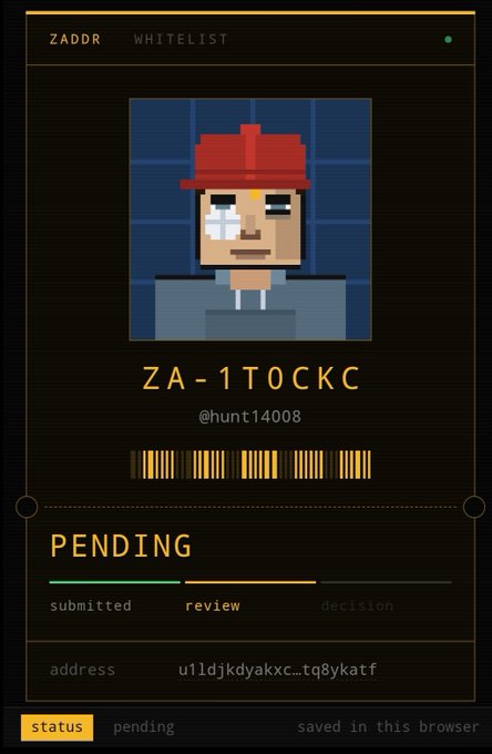 A digital whitelist interface for 'ZADDR' shows a pixel art avatar of a character in a red cap, identified as 'ZA-1T0CKC' (@hunt14008), with a pending status.