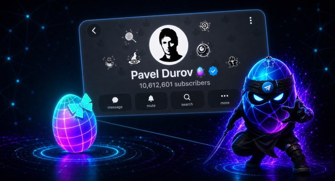 A promotional image shows a Telegram profile for "Pavel Durov" with 10,612,601 subscribers, flanked by a neon glowing egg and a ninja character wearing a Telegram logo mask.