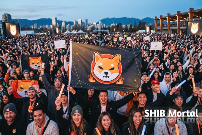 A large crowd of enthusiastic fans at what appears to be a SHIB cryptocurrency event, with people holding Shiba Inu dog logos and a large black flag featuring the orange Shiba emblem, labeled 'SHIB Mortal' in the corner.
