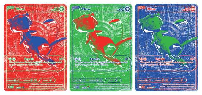 Three vintage-style Pokémon cards featuring Mew as 'Psyfrit' at 60 HP, displayed in red, green, and blue color variations.