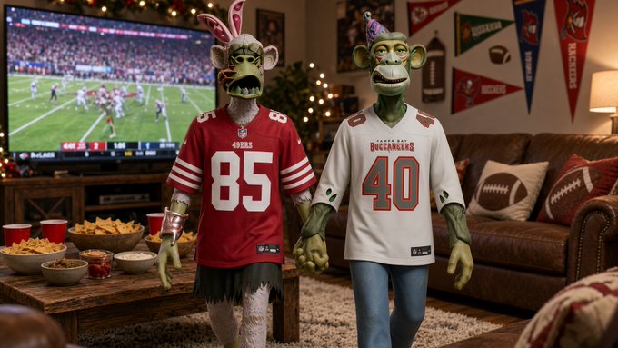 Two costumed characters dressed as monkeys wearing sports jerseys (one in red #85, one in white #40 with party hats) stand in a living room watching a football game on TV, with snacks and sports pennants decorating the space.