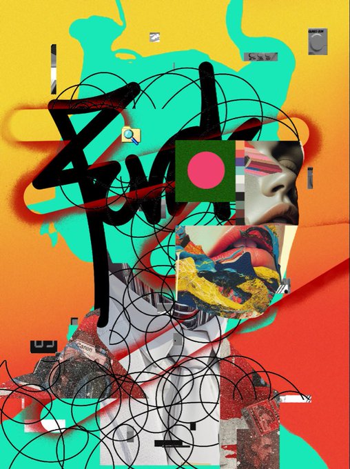 A vibrant abstract collage-style image features a chaotic mix of bold colors, scribbled black lines, distorted faces, and geometric shapes like a pink circle on green against yellow and orange backgrounds. The post suggests this is promotional artwork related to an NFT or digital art piece titled "R3ORDR" by artist Dario Desiena, with no specific names or text visible within the artwork itself.