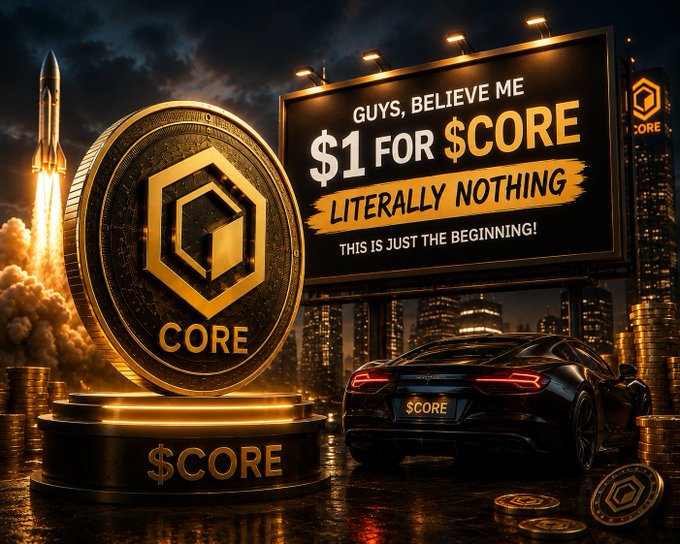 A gold "CORE" coin sits on a pedestal beside a billboard reading "Guys, believe me $1 for $CORE literally nothing this is just the beginning!" with a luxury sports car and rocket launch in the background, visually reinforcing the poster's bullish conviction that $1 is just the starting point for $CORE/CoreDAO.