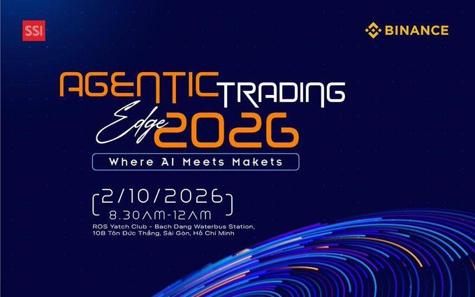 Promotional poster for 'Agentic Trading Edge 2026' event by SSI and Binance, scheduled for 2/10/2026 from 8:30am-12pm at ROS Yatch Club, Bach Dang Waterbus Station, Ho Chi Minh.