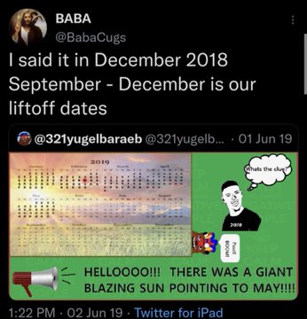 A Twitter post by @BabaCugs (@321yugelbaraeb) referencing a December 2018 prediction about September-December being "liftoff dates," accompanied by a 2019 BG123 fortune-telling calendar meme suggesting a blazing sun points to May.