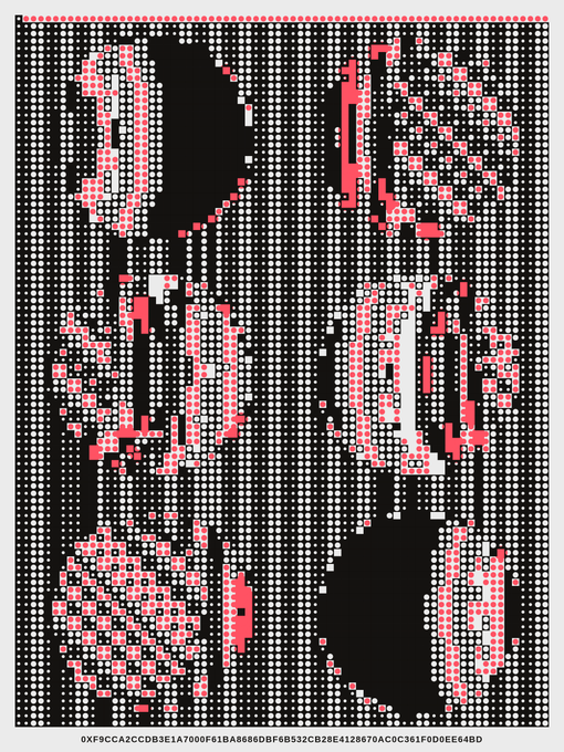 A pixelated QR code rendered in black, white, and pink/red dots, with the encoded text '0XF9CCA2CCDD3E1A7600F61BA96B0DBF0B532CB2BE4129070AC0C361F0D0EE04BD' displayed below it.