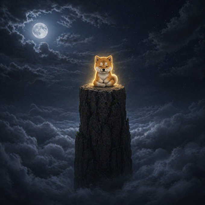 A whimsical digital illustration of a Shiba Inu dog with closed eyes and a content expression, sitting atop a tall rocky pillar surrounded by clouds under a starry night sky illuminated by a full moon.