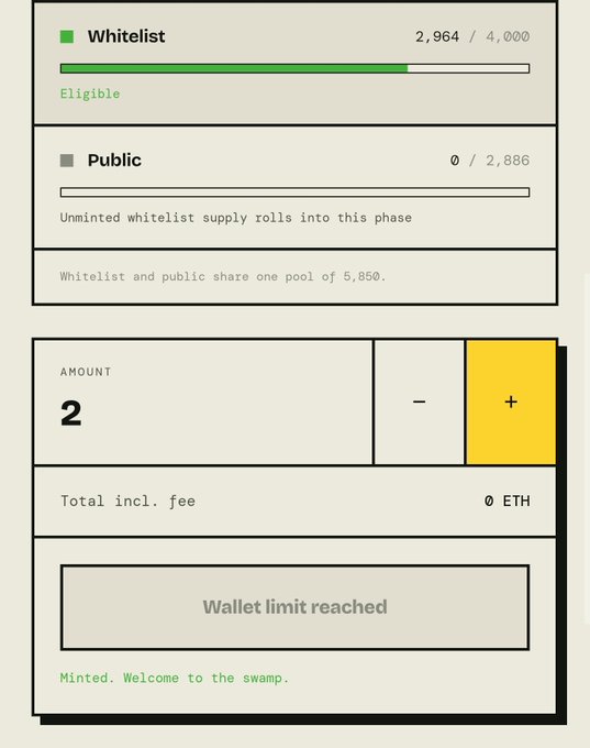 Screenshot of an NFT minting interface showing a Whitelist phase (2,964/4,000) and Public phase (0/2,886), with 'Wallet limit reached' and 'Minted. Welcome to the swamp.' displayed.