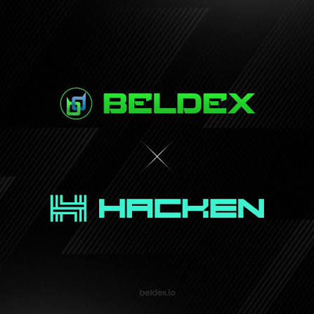 A black promotional graphic featuring the green 'BELDEX' logo above a small 'x' and the blue 'HACKEN' logo, with 'beldex.io' at the bottom.