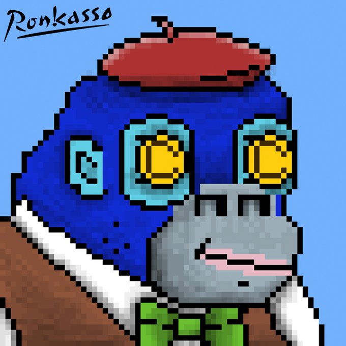 A pixel art illustration of a blue anthropomorphic character wearing a red beret and brown coat, signed 'Ronkasso' in the top left corner.