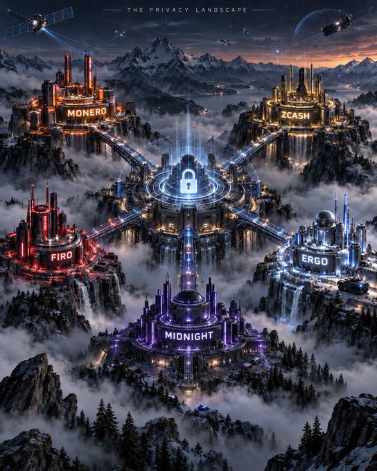 A fantasy digital artwork titled 'THE PRIVACY LANDSCAPE' depicting futuristic citadels labeled 'MONERO', 'ZCASH', 'FIRO', 'ERGO', and 'MIDNIGHT' arranged around a central padlock symbol, set in a misty mountainous landscape with satellites above.