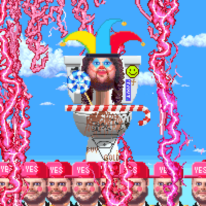 A surreal pixel-art collage features a bearded figure with a jester hat sitting in a toilet labeled "BUY GOLD", framed by pink digital flames above a row of men in pink "YES" hats.
