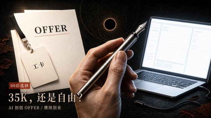 A thumbnail-style image showing documents labeled 'OFFER' and '工卡' (work card), a hand holding a pen, and a laptop, with text '35K, 还是自由?' and 'AI初创OFFER / 继续创业' meaning '35K or freedom?' and 'AI startup offer / continue entrepreneurship'.