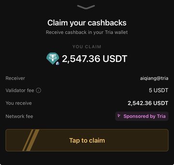 A mobile app screen showing a cashback claim interface for '2,547.36 USDT' to be sent to 'aiqiang@tria' with a 'Tap to claim' button at the bottom.