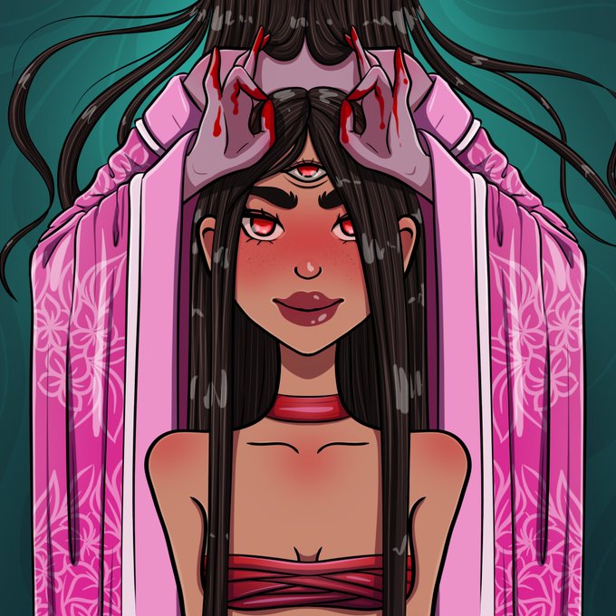 A stylized anime/illustration of a woman with long black hair, three eyes (one on her forehead), red nails with blood dripping, and a pink robe-like garment, set against a teal background.