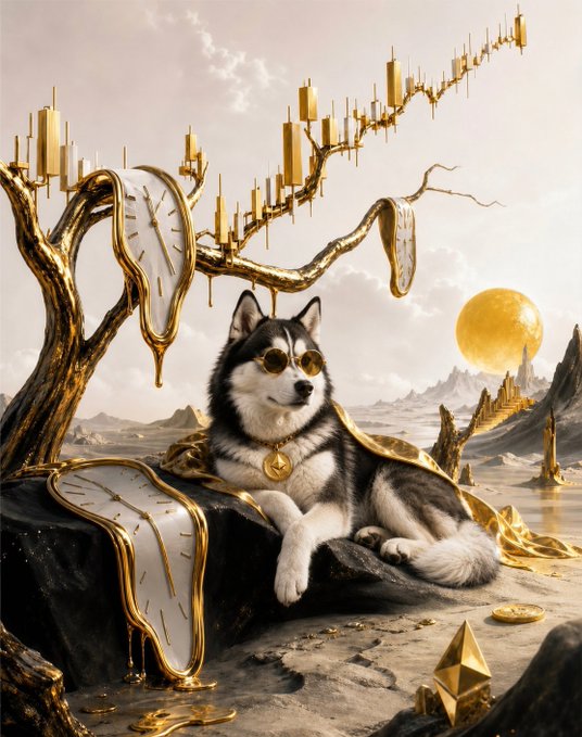 A surreal digital artwork featuring a husky dog wearing round sunglasses and a gold medallion, sitting on a rocky surface amidst a fantasy landscape filled with melting clocks, golden candlestick charts, and a large golden orb in the sky.