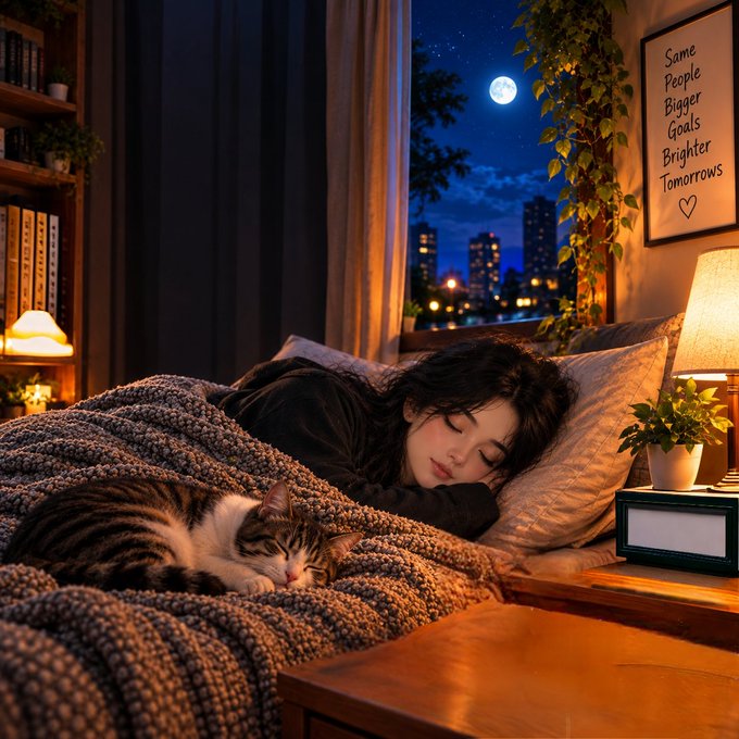 An AI-generated cozy bedroom scene shows a woman sleeping peacefully with a tabby cat beside her, with a moonlit city skyline visible through the window and a framed quote reading 'Some People Bigger Goals Brighter Tomorrows' on the wall.