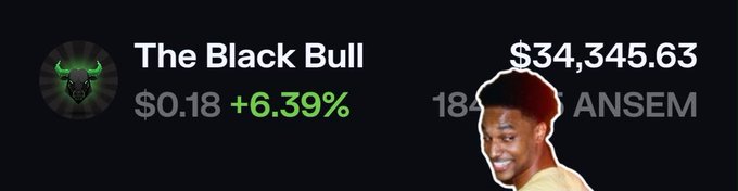 Price ticker showing 'The Black Bull' token at $0.18 with a +6.39% increase and a market cap of $34,345.63, featuring an iShowSpeed reaction image meme.