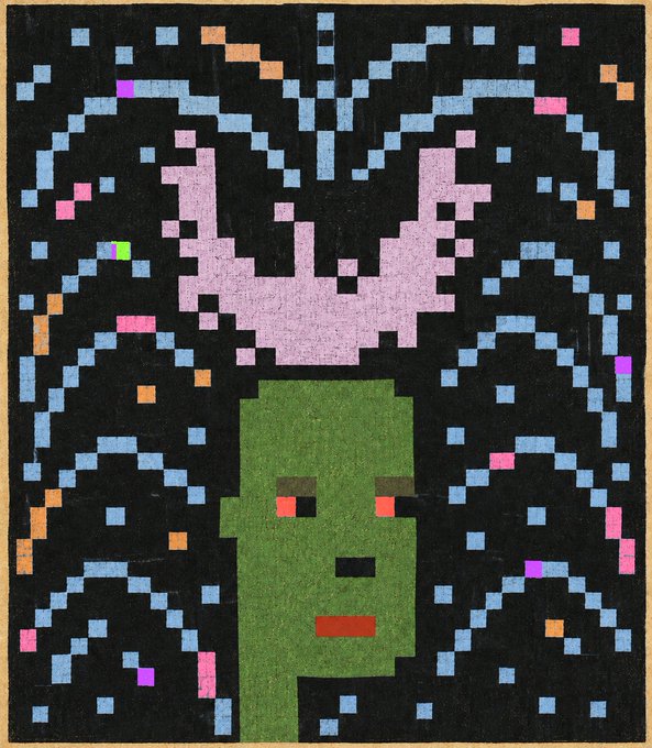 A pixelated portrait on a black background depicts a green-skinned, red-eyed punk figure crowned with pink antler-like protrusions, surrounded by a web of scattered blue, pink, and orange pixel debris. The artwork embodies the "Fabulous Punk" study from the 30-day punk series, blending CryptoPunks' iconic 8-bit aesthetic with bold, expressive color choices.