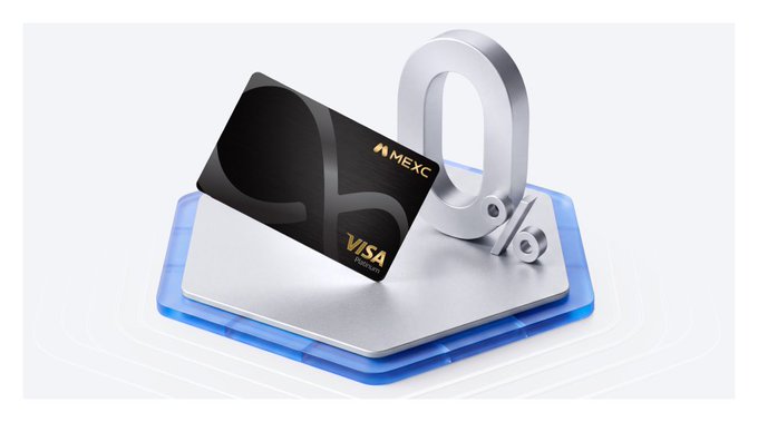 A MEXC Visa virtual card rests on a metallic card holder, illustrating the article's point that crypto profits can be loaded onto a Visa card for direct spending, bypassing the need to convert to fiat and withdraw to a bank first.