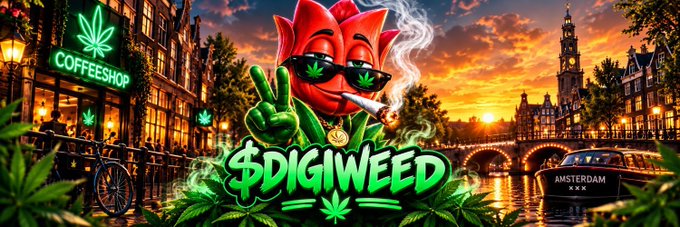 A vibrant banner for '$DIGIWEED' featuring a cartoon red leaf character with sunglasses smoking a joint, set against an Amsterdam canal scene at sunset with a coffeeshop sign.