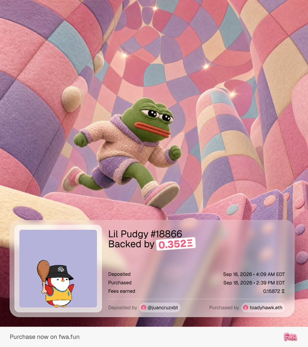A whimsical 3D scene featuring a green frog-like character in a pink sweater running across pastel-colored soft surfaces, with an info card for 'Lil Pudgy #18866' backed by 0.352Ξ.