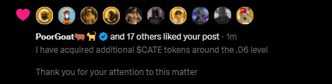 Instagram notification showing PoorGoat and 17 others liked a post stating "I have acquired additional $CATE tokens around the .06 level. Thank you for your attention to this matter."