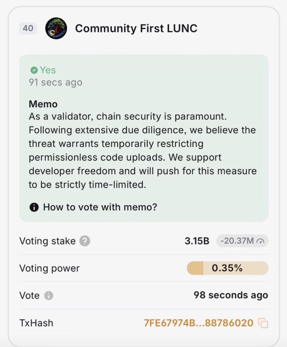 A governance vote card titled “Community First LUNC” shows a green “Yes” memo about restricting permissionless code uploads, with voting stake “3.15B,” voting power “0.35%,” and a partially visible “TxHash.”