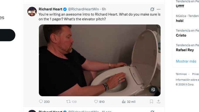 The image shows a tweet from Richard Heart (@RichardHeartWin) with the caption "You're writing an awesome intro to Richard Heart. What do you make sure is on the 1 pager? What's the elevator pitch?" alongside a photo of a man sitting on a toilet—visually playing on the accompanying caption's comparison of investing in Heart's "shitcoins" to flushing money down the toilet.
