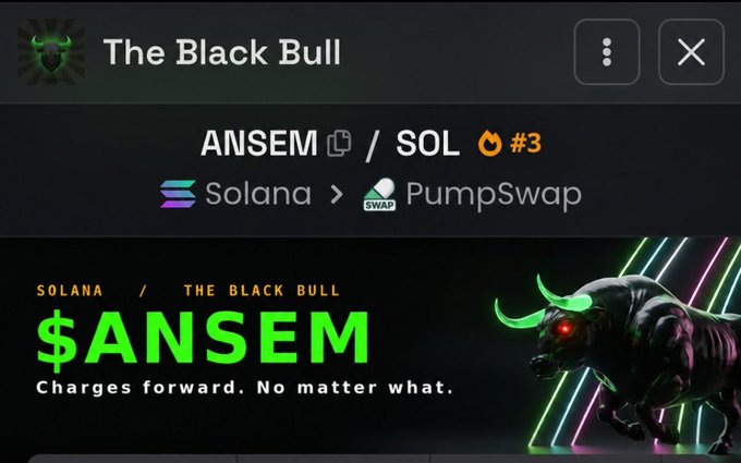 A crypto profile for 'The Black Bull' featuring the $ANSEM token on Solana via PumpSwap with the tagline 'Charges forward. No matter what.'