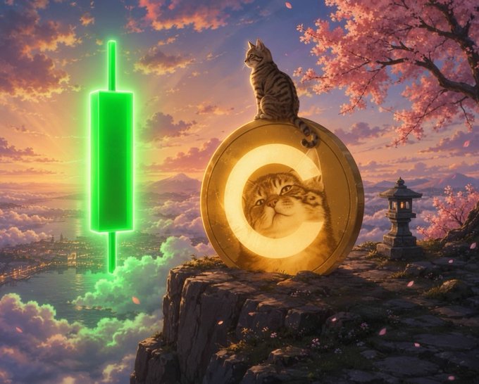 An artistic fantasy illustration depicting two tabby cats with a glowing golden coin featuring a cat's face, set against a sunset sky with cherry blossoms and a green candlestick chart element.
