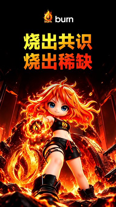 An anime-style promotional image featuring a fiery-haired girl with blue eyes surrounded by flames, with the 'burn' logo and Chinese text reading '烧出共识 烧出稀缺' (Burn out consensus, burn out scarcity).