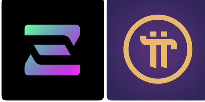 The image shows the SolCex logo (left) featuring a stylized gradient "S" and the Pi Network logo (right) with its gold "π" symbol, visually representing the announcement that $PI is now available for trading on SolCex.