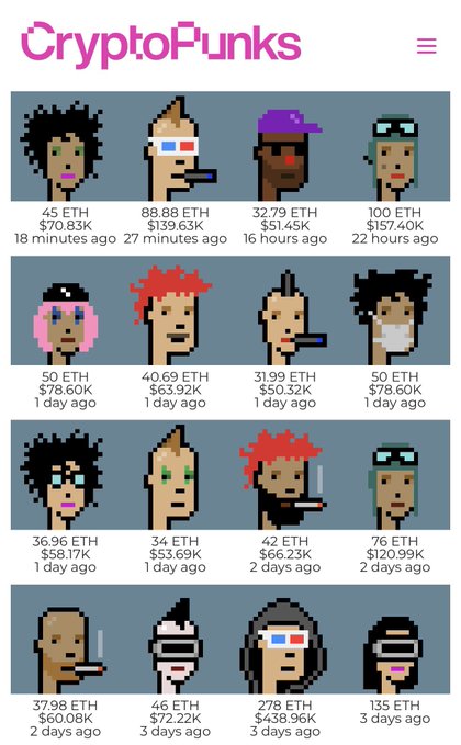 The image shows the CryptoPunks marketplace displaying recent punk sales, with prices ranging from 31.99 ETH to 278 ETH and dollar values totaling over $1.8M, including standout sales like a hoodied punk and 3D glasses/VR punk that align with the post highlighting big-ticket collectible purchases.