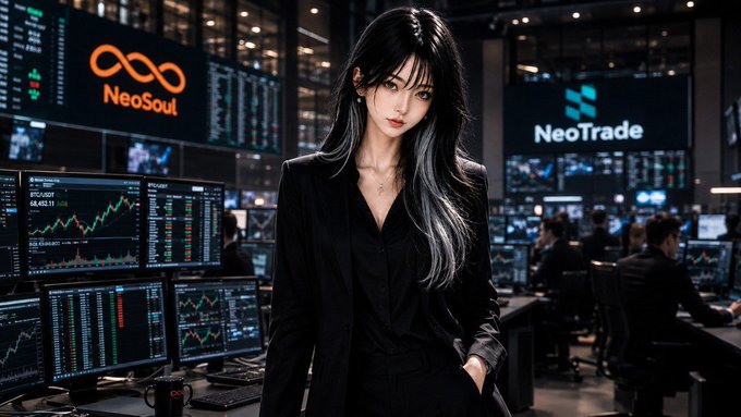 A digital illustration of a woman with long black hair in a black suit standing on a trading floor, with 'NeoSoul' and 'NeoTrade' logos visible on screens in the background.