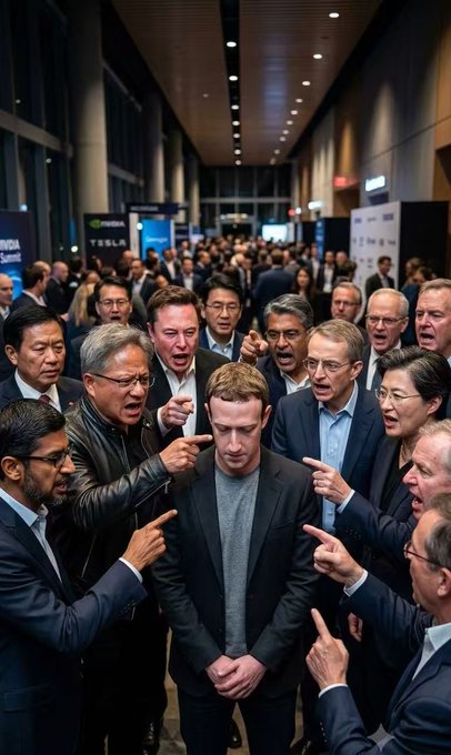 The image shows a man in a black jacket surrounded and pointed at by a crowd of men in suits, with visible sponsor signs including "TESLA" and "Nokia Summit." 

The scene visually echoes the post's caption about Mark Zuckerberg being criticized by tech industry figures for selling compute power, depicting a tense confrontation where the central figure is being accused and surrounded by aggressive onlookers.