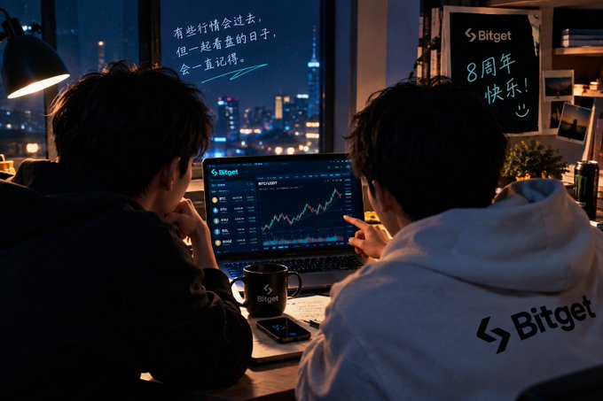 Two friends sit side-by-side at a desk at night, looking at a Bitget cryptocurrency trading chart on a laptop, while a sign nearby reads "Bitget 8周年快乐!" (Happy 8th Anniversary) alongside a heartfelt Chinese message about remembering past journeys together—evoking the nostalgia of their old market-watching routine.