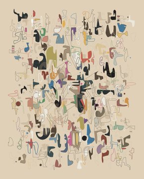 An abstract painting featuring scattered, organic shapes in muted colors resembling biomorphic forms or distorted figures on a beige background.