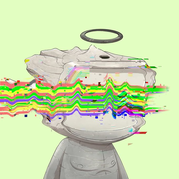 An anime-style illustration depicts a gray statue figure with a halo above its head, with colorful rainbow glitch-like horizontal lines emanating from across its face.