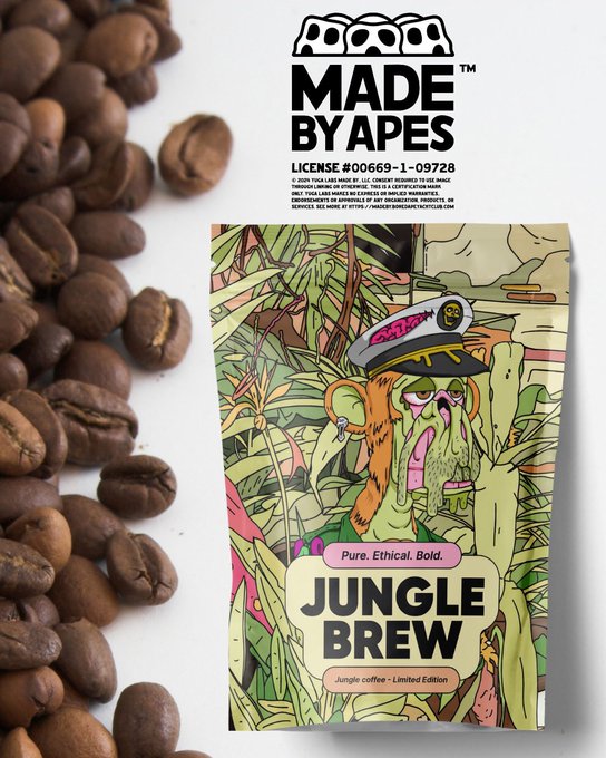 A coffee bag labeled 'MADE BY APES - JUNGLE BREW' with the license number #00669-1-09728, featuring colorful artwork of a jungle scene, displayed next to scattered coffee beans.