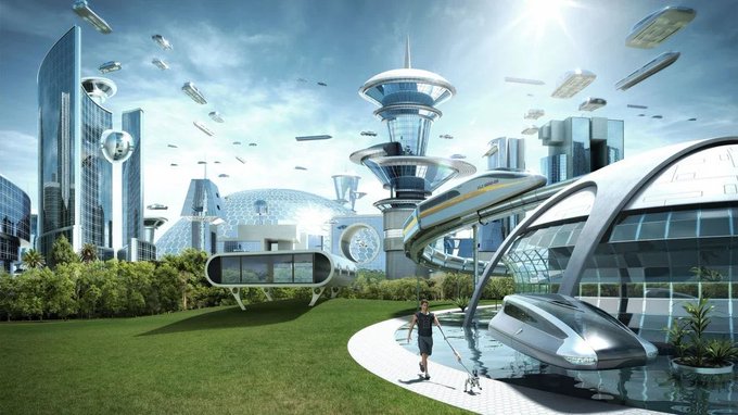 A futuristic cityscape featuring advanced skyscrapers, elevated transit tubes with flying vehicles, a domed greenhouse structure, and a person watering plants beside a sleek silver pod.