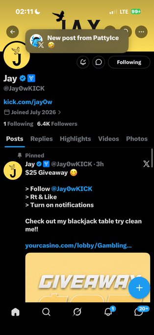 A Twitter/X profile page for 'Jay @Jay0wKICK' is displayed, featuring a pinned post about a '$25 Giveaway' and a link to 'yourcasino.com/lobby/Gambling'.