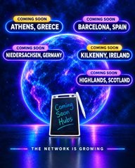 A promotional graphic for 'Coming Soon Hubs' announces upcoming episodes set in Athens (Greece), Barcelona (Spain), Niedersachsen (Germany), Kilkenny (Ireland), and Highlands (Scotland), stating 'The Network Is Growing'.
