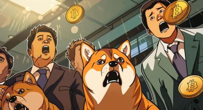 An illustrated meme-style image showing panicked businessmen and Shiba Inu dogs with shocked expressions, surrounded by floating Bitcoin coins.