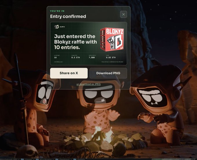 A Blokyz raffle entry confirmation screenshot showing 10 entries purchased for 0.1 ETH, displayed over a cartoon scene of cavemen by a campfire.