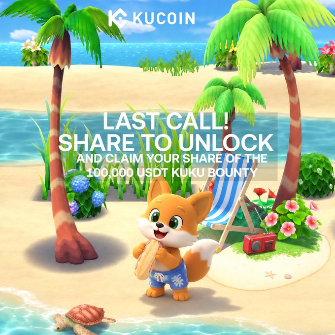 A cheerful cartoon fox mascot in blue swim trunks holds a bagel on a tropical beach with palm trees, the KuCoin logo, and a "LAST CALL! SHARE TO UNLOCK AND CLAIM YOUR SHARE OF THE 100,000 USDT KUKU BOUNTY" banner—visually promoting the final day of KuCoin's KuKu Island campaign where users share screenshots of their KuKu badges on X for a chance to win a share of the prize pool.