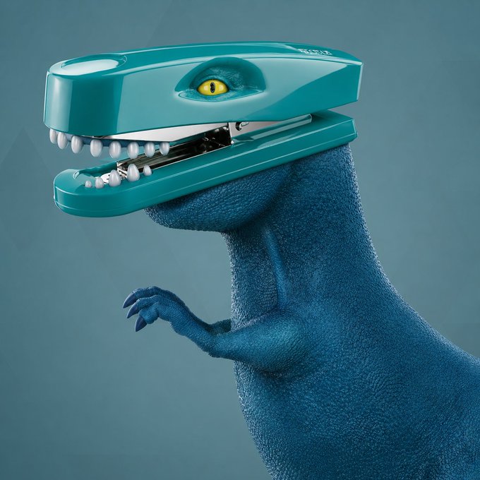 A blue dinosaur is depicted with a stapler for a head, which has an eye and teeth, illustrating a playful mashup. The image humorously represents the concept of "stapling" or bridging assets across chains, aligning with the post's discussion about bridging to Stable chain and the FUD surrounding it.